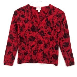 VTG Charter Club 100% Cashmere 2-Ply Sweater Size S Floral Red V-Neck 90s HOLE